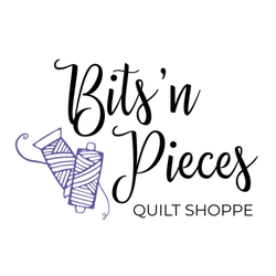 Bits N' Pieces Quilt Shoppe logo featuring a spool-and-thread design, representing quilting supplies, sewing materials, fabri...