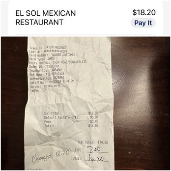 El Sol Mexican Bar & Grill - Overcharged me. Thanks Christian R. I heard this was common in Orlando. It's a way to make extra money. - Mexican Near Me - Sanford, Florida