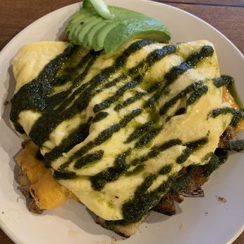 Toasted - Eggs scrambled with pesto. Changed to cheddar on the potatoes. Added avocado. Perfect for me! - Coffee & Tea Near Me - Riverside, California