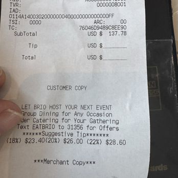 Brio Italian Grille - Have you ever seen a receipt that says both Customer Copy AND Merchant Copy? Get your act together Brio! - Italian Near Me - Naples, Florida Brio Italian Grille - Have you ever seen a receipt that says both Customer Copy AND Merchant Copy? Get your act together Brio! - Italian Near Me - Naples, Florida