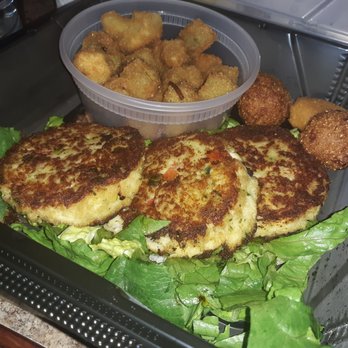 Shrimp Basket - Crab cakes with fried okra and hushpuppys - Seafood Near Me - Pensacola, Florida