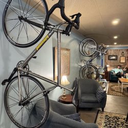 Bikes mounted inside on the wall