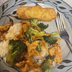 Taste of China - Chicken and broccoli over white rice with Roast Pork Egg Roll (1)