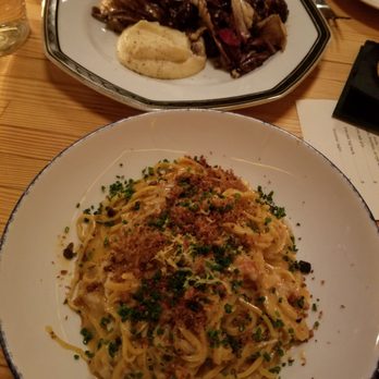 Nancy's Hustle - Spaghetti w/ fermented chili butter and crab. Then grilled sirloin tip with celery root and radicchio (hard to get the whole dish in frame) - New American Near Me - Houston, Texas Nancy's Hustle - Spaghetti w/ fermented chili butter and crab. Then grilled sirloin tip with celery root and radicchio (hard to get the whole dish in frame) - New American Near Me - Houston, Texas