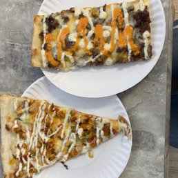 Specialty Pizzas- Chicken Fajita and Meat/Cheese slice