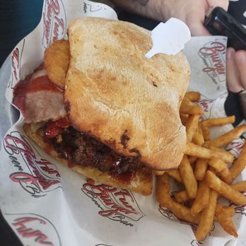 Funburger - Smash burger with brisket and onion rings. - Burgers Near Me - Valencia, California Funburger - Smash burger with brisket and onion rings. - Burgers Near Me - Valencia, California