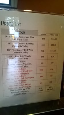 Photo of Finn Hill Winery - Woodinville, WA, US. Bottle list. $5 tasting fee, but its waved if you buy a bottle