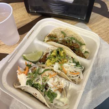Taco Love - 3 taco combo: Korean Fried Chicken, Chicken Barbacoa Taco (Barbacoa De Pollo), Fried Shrimp (Camarones) - Tacos Near Me - Davie, Florida Taco Love - 3 taco combo: Korean Fried Chicken, Chicken Barbacoa Taco (Barbacoa De Pollo), Fried Shrimp (Camarones) - Tacos Near Me - Davie, Florida
