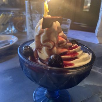 Aba - Birthday dessert: Froyo with black cherry sauce and fresh black cherries - Mediterranean Near Me - Austin, Texas