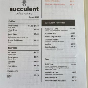 Succulent Coffee Roasters - menu 05/2025 - Coffee & Tea Near Me - Huntington Beach, California Succulent Coffee Roasters - menu 05/2025 - Coffee & Tea Near Me - Huntington Beach, California