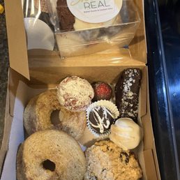 Boxed items are: donuts, oatmeal raisin cookies, peanut butter bombs, Oreo cookie bomb, red wine brownie.  Yum!!!