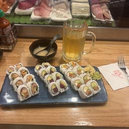 L1 lunch special with 3 rolls. They are left to right spicy yellow tail, tuna avocado & Philadelphia. Only $13.50, fresh and delicious!