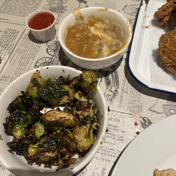 Gatlin's Fins & Feathers - Brussel Sprouts and Mashed potatoes with brown onion gravy - Southern Near Me - Houston, Texas