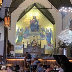 Great Revivalist Brewery - Looking up towards the church pulpit with a bar.