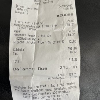 Benihana - Encino - Total for four people before automatic 18% gratuity for HORRIBLE service! - Sushi Bars Near Me - Encino, California