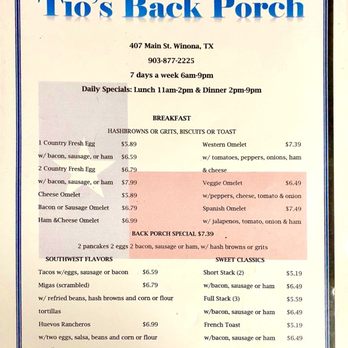 Tio's Backporch Restaurant - Breakfast Menu - Mexican Near Me - Winona, Texas Tio's Backporch Restaurant - Breakfast Menu - Mexican Near Me - Winona, Texas