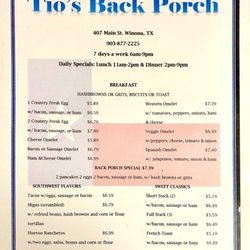 Tio's Backporch Restaurant - Breakfast Menu