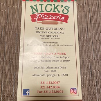 Nick's Pizzeria - Front Menu - Pizza Near Me - Altamonte Springs, Florida Nick's Pizzeria - Front Menu - Pizza Near Me - Altamonte Springs, Florida