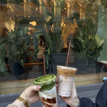 Blank Street Coffee - iced carrot cake matcha, Iced Strawberries & Cream Latte - Coffee & Tea Near Me - Boston, Massachusetts