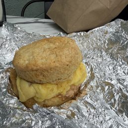 Biscuit Sandwich. I can't eat pork but egg biscuit same price as a loaded one. Also biscuit fell apart had to use a fork to eat.