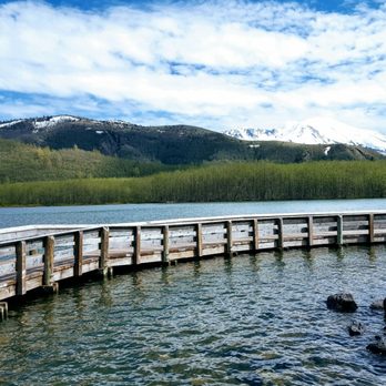 Coldwater Lake - Semi circular board walk on the lake with Mount St Helens in the distance - Lakes Near Me - Trout Lake, Washington