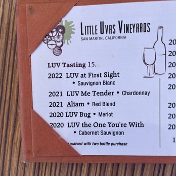 Little Uvas Vinyards - Menu - Wineries Near Me - San Martin, California