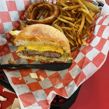 Mr. Hamburger - Half #1 left/onion rings and fries - Burgers Near Me - Huntsville, Texas