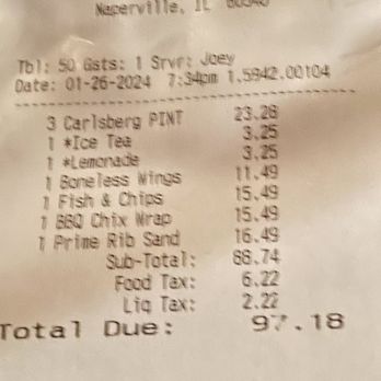 Quigley's Irish Pub - Bill for 3 - Pubs Near Me - Naperville, Illinois Quigley's Irish Pub - Bill for 3 - Pubs Near Me - Naperville, Illinois
