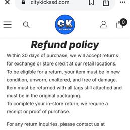 Refund policy for city kicks and in store they say no returns Refund policy for city kicks and in store they say no returns