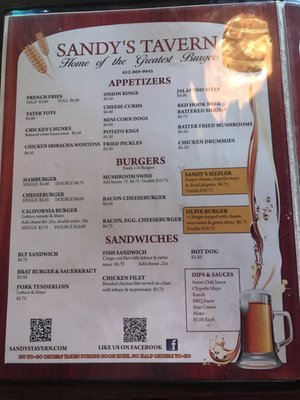 Menu photo 7 Sandy's Tavern Richfield, MN