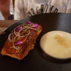 Casa Mia - GLAZED SALMON - spicy-honey glazed salmon with textured corn, Parmentier mashed potato.