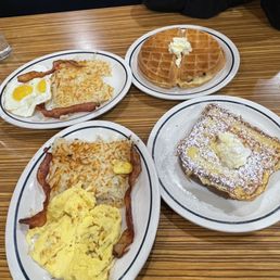 Belgian waffle and French toast breakfast platters.