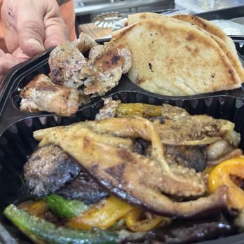 Cretan Grill - From top left (clockwise): 2 Chicken skewers, pita bread and grilled vegetables (lunch platter) - Food Trucks Near Me - New York, New York