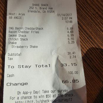 Shake Shack Glendale - My receipt. A little pricy but once you start eating you will forget all that. - Burgers Near Me - Glendale, California Shake Shack Glendale - My receipt. A little pricy but once you start eating you will forget all that. - Burgers Near Me - Glendale, California