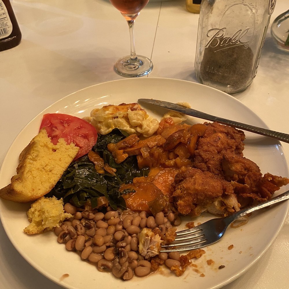 The Cooking Schools - Fried chicken, collard greens, black eyed peas, yams, corn bread, Mac & cheese, and a tomato. Made enough to pack to go bag :) - Cooking Schools Near Me - Atlanta, Georgia The Cooking Schools - Fried chicken, collard greens, black eyed peas, yams, corn bread, Mac & cheese, and a tomato. Made enough to pack to go bag :) - Cooking Schools Near Me - Atlanta, Georgia
