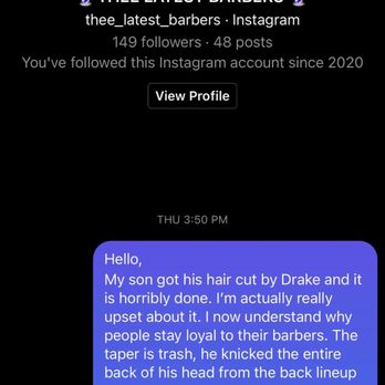 Thee Latest Barbershop - Messaged them Christmas Eve....still no reply! - Barbers Near Me - Rancho Cucamonga, California Thee Latest Barbershop - Messaged them Christmas Eve....still no reply! - Barbers Near Me - Rancho Cucamonga, California