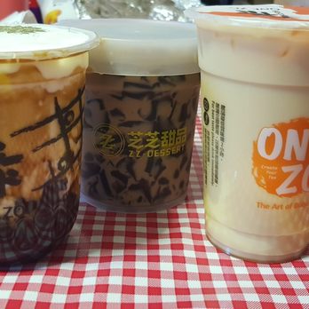One Zo - Flaming brown sugar boba latte, signature taro dessert, black tea latte with pudding (they forgot my cheese foam ) - Bubble Tea Near Me - Allston, Massachusetts
