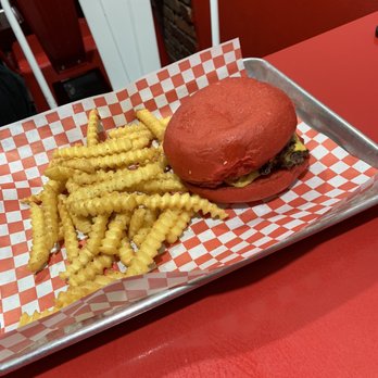 Wulf Burger - Wulf Special Hamburger with Red Bun + French Fries - Burgers Near Me - Frisco, Texas Wulf Burger - Wulf Special Hamburger with Red Bun + French Fries - Burgers Near Me - Frisco, Texas