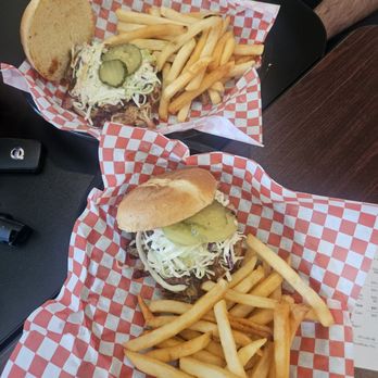 BBQ Tex Mex - BBQ pork sandwich,  topped with slaw and couple pickles, along with golden delicious potatoes spears! - Mexican Near Me - Bremerton, Washington