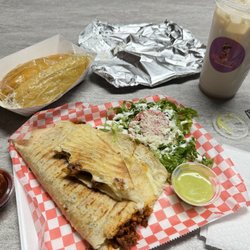 Almitas Chamoy and Ice Cream Shop - Marinated pork quesadilla, red & green tamale, and a horchata.