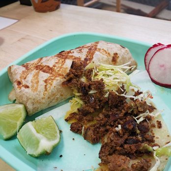 Sonoratown - Chorizo taco (half eaten, I was so hungry) and a chivichanga - Mexican Near Me - Los Angeles, California