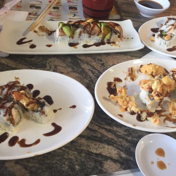Sugoi Sushi - Crunchy roll on very left, dragon roll in middle - Japanese Near Me - Los Banos, California Sugoi Sushi - Crunchy roll on very left, dragon roll in middle - Japanese Near Me - Los Banos, California