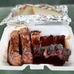 Broussards Barbecue - Sausage/ribs entree (Tx toast in back) - would order sauce on the side next time!