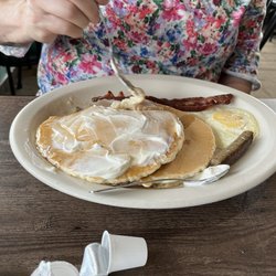 Bedrock's On the Bay - Blueberry pancake special. Wife put sour cream on top. Kinda weird.