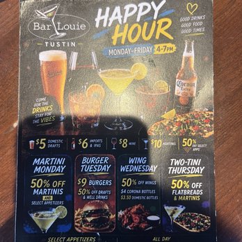 Bar Louie - Happy hour menu - Aug 2026 - Bars Near Me - Tustin, California Bar Louie - Happy hour menu - Aug 2026 - Bars Near Me - Tustin, California