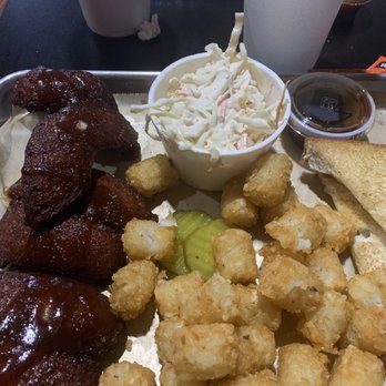The Oink Joint Newnan - Smoked Sausage Plate with coleslaw and tator tots - Southern Near Me - Newnan, Georgia