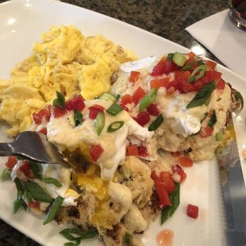 Another Broken Egg Cafe - Crab cakes Benedict  with a side of scrambled  eggs - Cafes Near Me - Memphis, Tennessee