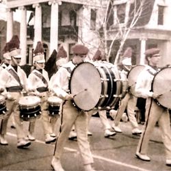 Racine 4th Fest - 1966: From Kenosha, Holy Rosary's QUEENSMEN drumline on the march at Racine's July 4th parade.