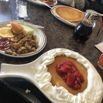 Brigs at the Park Restaurant - Strawberry Shortcake Pancakes  With Potato's and Fruit - Breakfast & Brunch Near Me - Durham, North Carolina