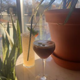 Carajillo Martini and cocktail - A dark cocktail in a stemmed glass and a light-colored cocktail in a tall glass are positioned on a white table near a window. The sunlight streams through the window, illuminating the drinks and casting shadows. Potted plants are visible, with one large plant partially obscuring the view outside, which includes trees and a clear sky. The scene suggests a relaxed setting, possibly in a restaurant or cafe.